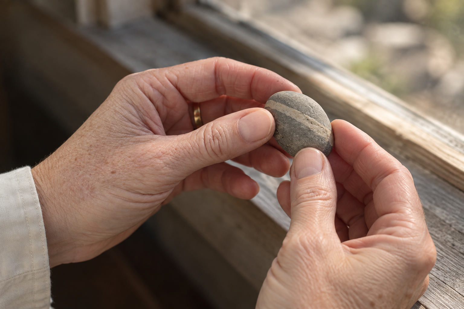 Hands holding a smooth striped stone in soft window light