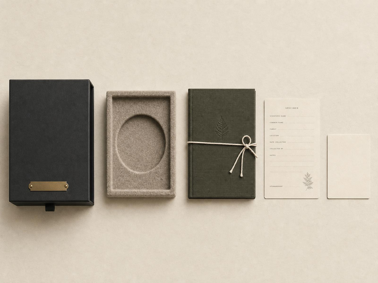 The components of the Cairn presentation system laid out: the archival drawer, wool-felt specimen tray, linen-bound stewardship archive, specimen card, and personal note card