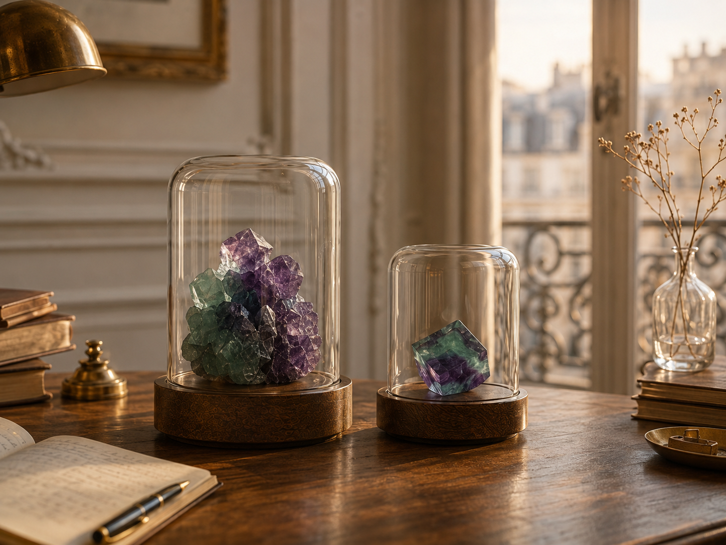 Fluorite specimens in glass display cloches on a walnut desk