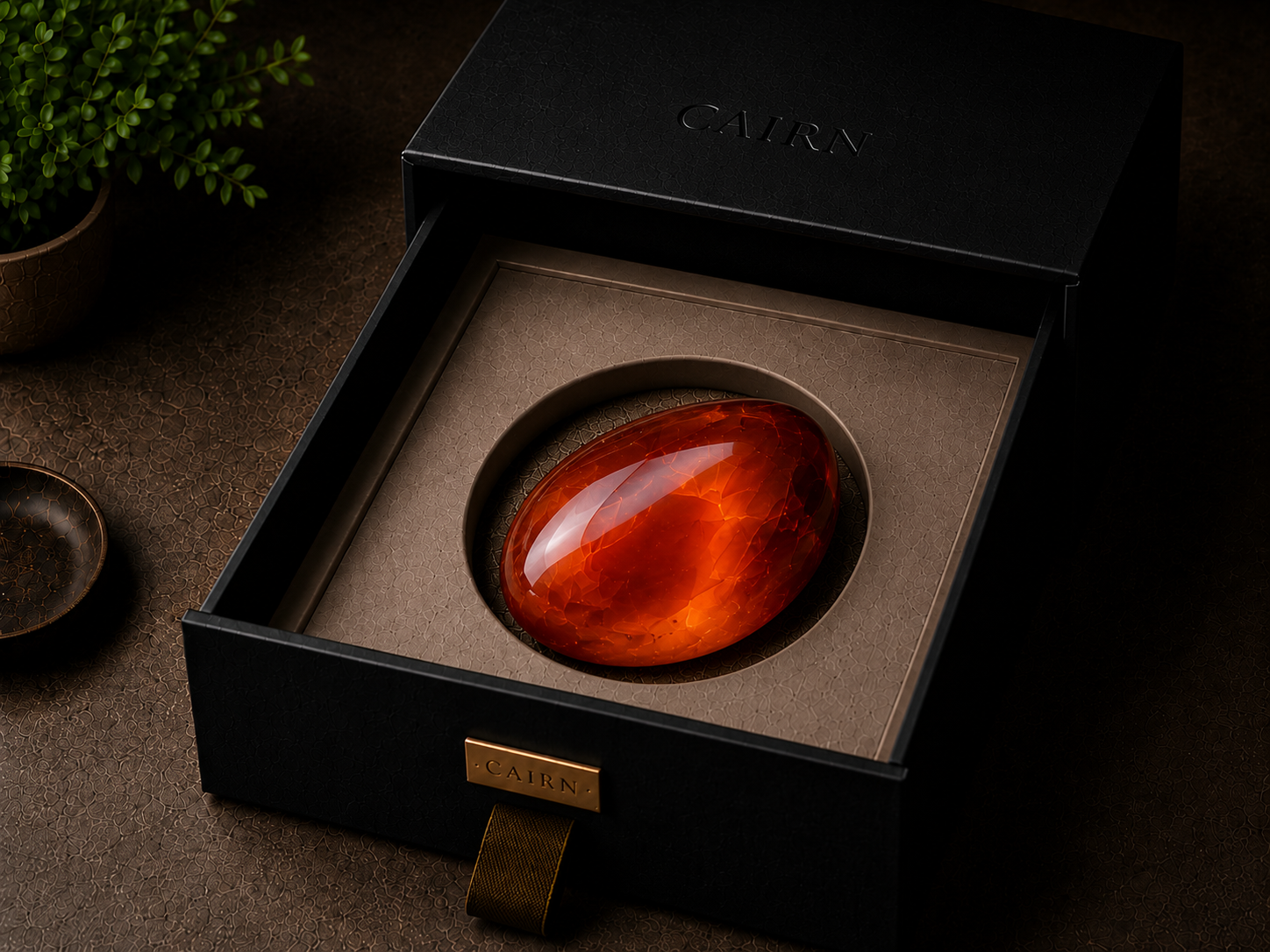 A warm carnelian palm stone resting inside a Cairn presentation box