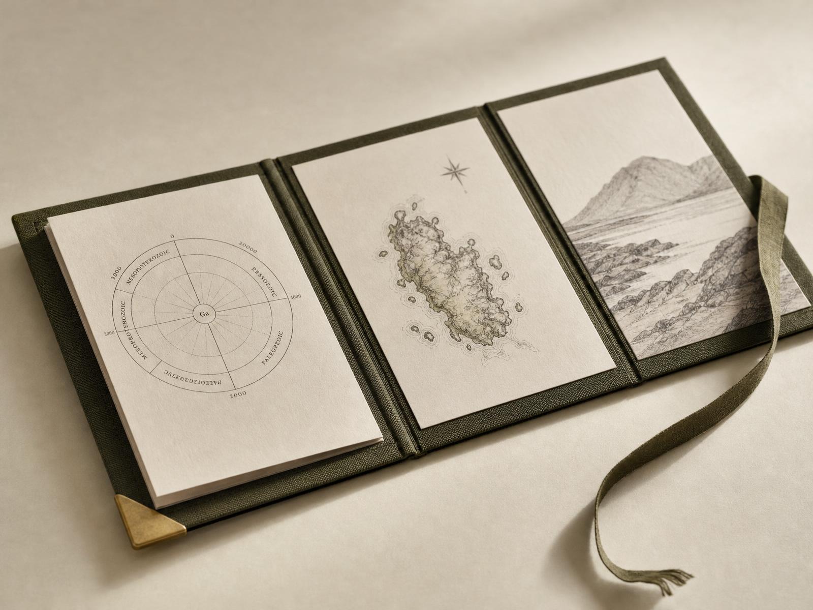 The open Cairn stewardship archive booklet, showing a geological age diagram, a hand-drawn locality map, and a landscape illustration on natural-fibre paper