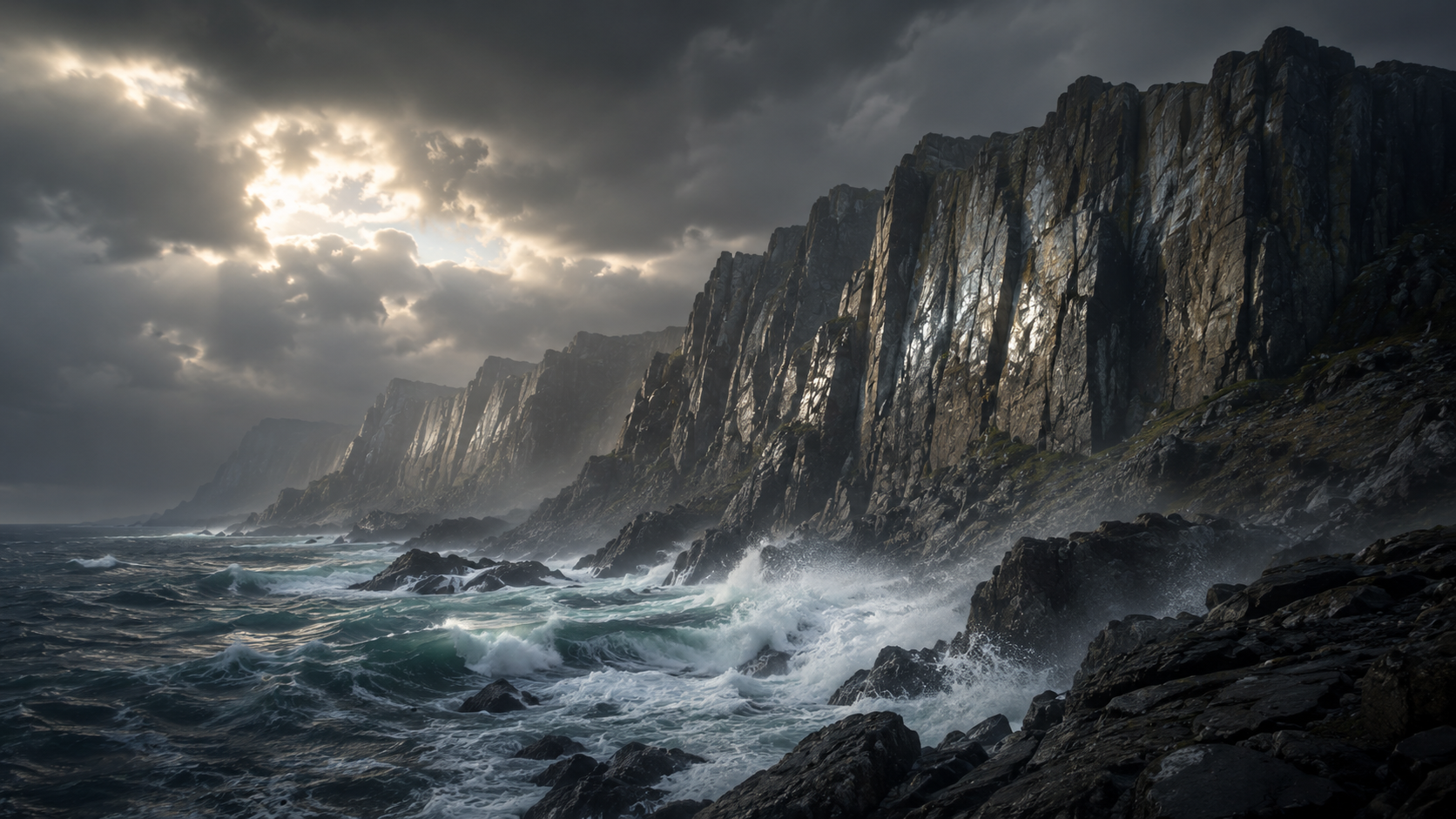 Storm-lit sea cliffs of ancient rock rising above breaking waves — the immense geologic forces that forge natural specimens over deep time
